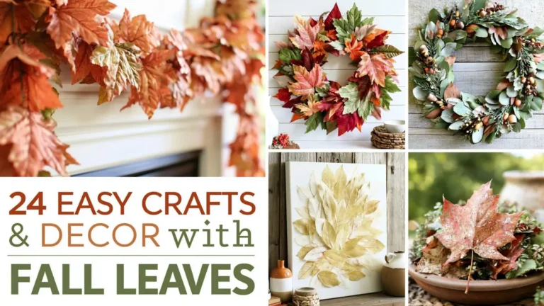 DIY fall leaf crafts decor collage with leaf garland, colorful wreath, leaf art, and rustic autumn arrangement.