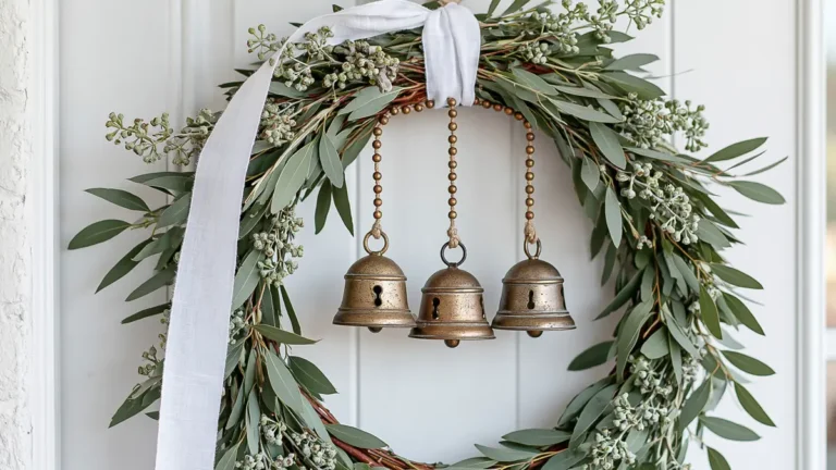 DIY Natural Winter Holiday Decorations for a Warm and Simple Home 22 Green winter wreath with white ribbon and aged brass bells for DIY natural winter holiday decorations