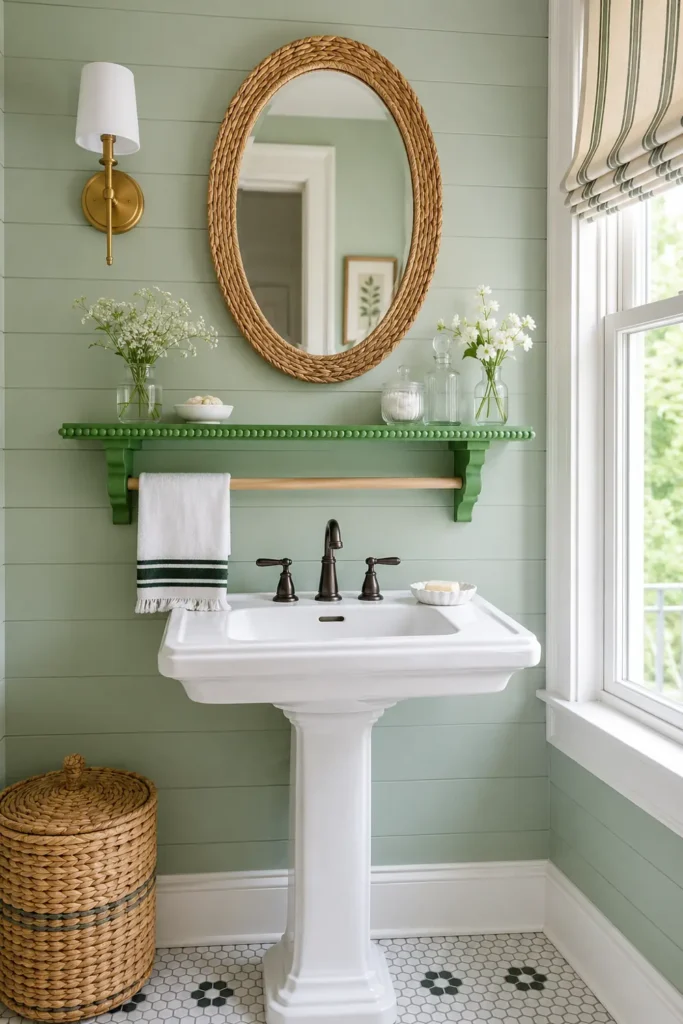 18 Small Bathroom Storage Ideas for a More Organized Space 19 Bright green DIY bathroom shelf with a wooden dowel towel rod above a white pedestal sink.