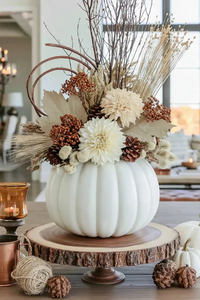 31 Fall Table Decor Ideas for Entertaining in a Warm, Seasonal Style 19 White faux pumpkin vase filled with cream flowers, dried grasses, berries, twigs, pinecones, and pale seed heads.