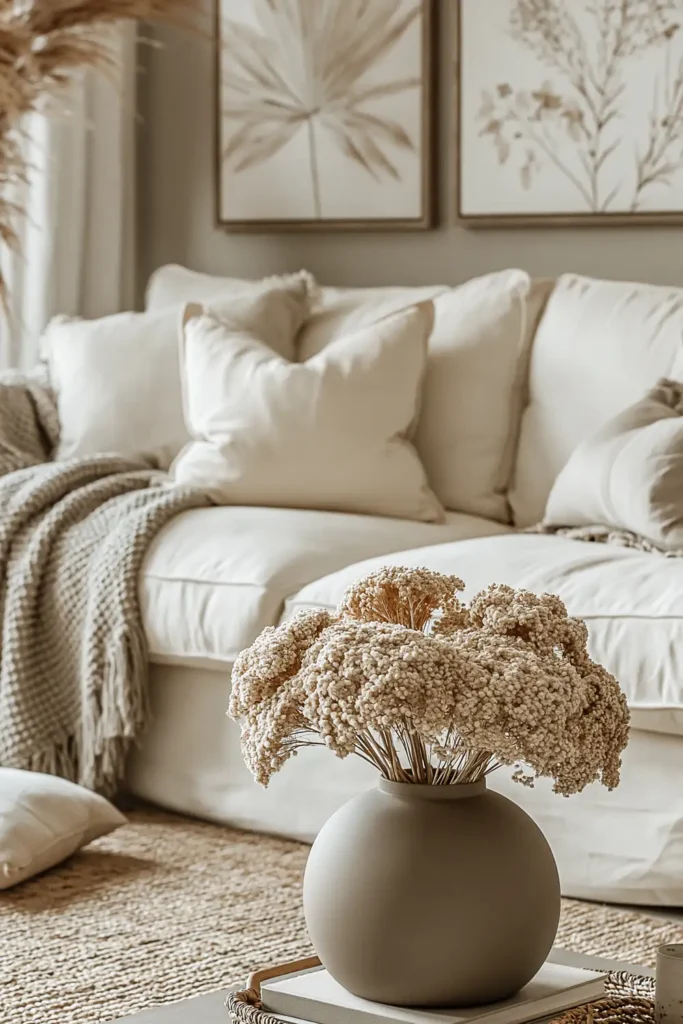 18 Neutral Fall Decor Ideas for a Warm and Cozy Home 17 Large bouquet of dried beige hydrangeas in a matte vase beside a cream sofa and neutral fall textiles.