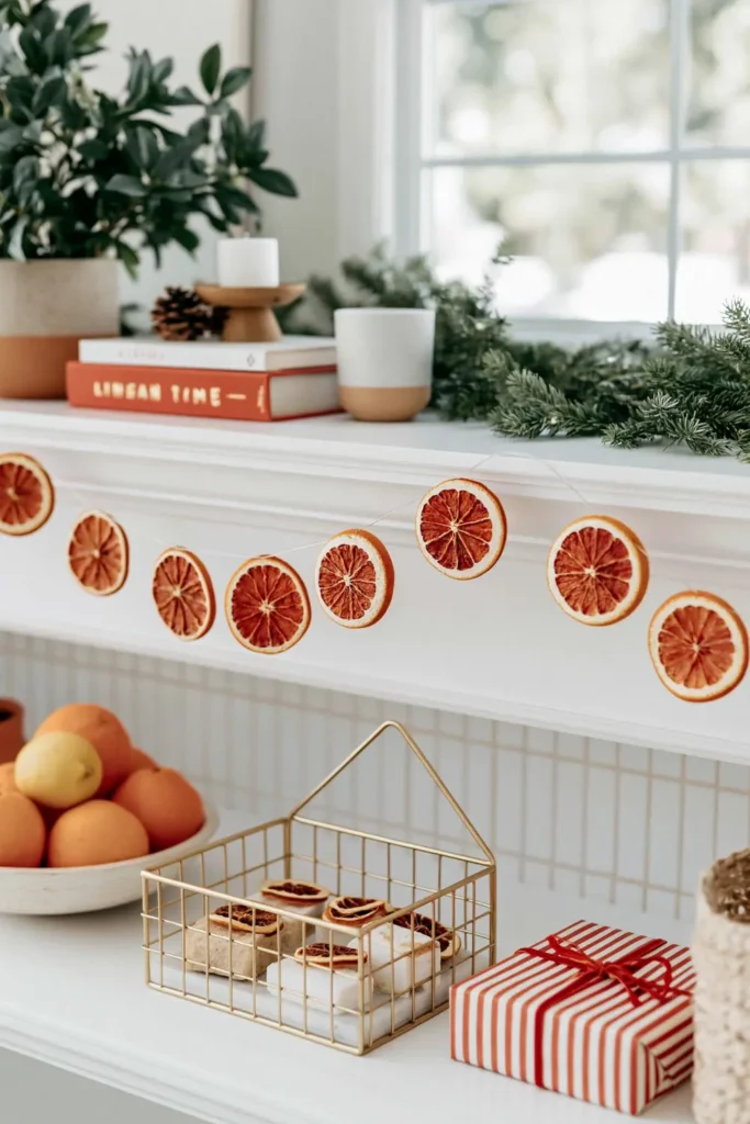 White holiday mantle with a dried orange slice garland hanging across the front.