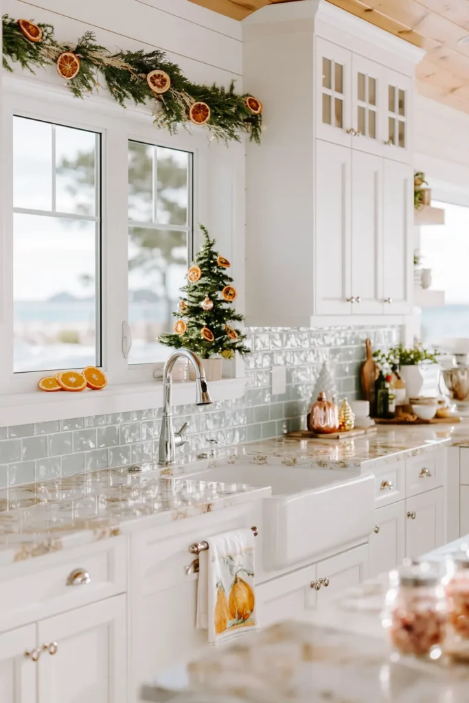 Bright holiday kitchen with a small Christmas tree, dried orange slices, and greenery above the sink.