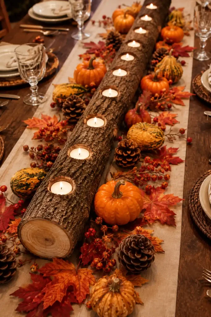 31 Fall Table Decor Ideas for Entertaining in a Warm, Seasonal Style 15 Bark-covered drilled log centerpiece with white tea lights, orange pumpkins, gourds, pinecones, berries, and fall leaves.