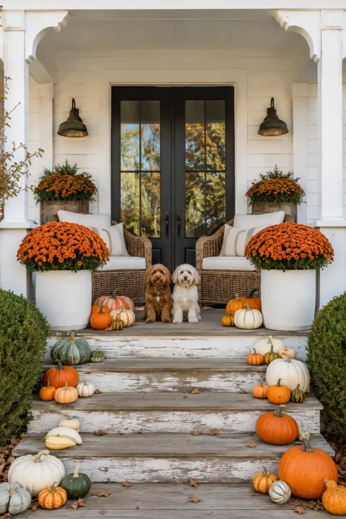 Eclectic fall porch steps with colorful pumpkins, striped gourds, orange mums, wicker chairs, and white planters.