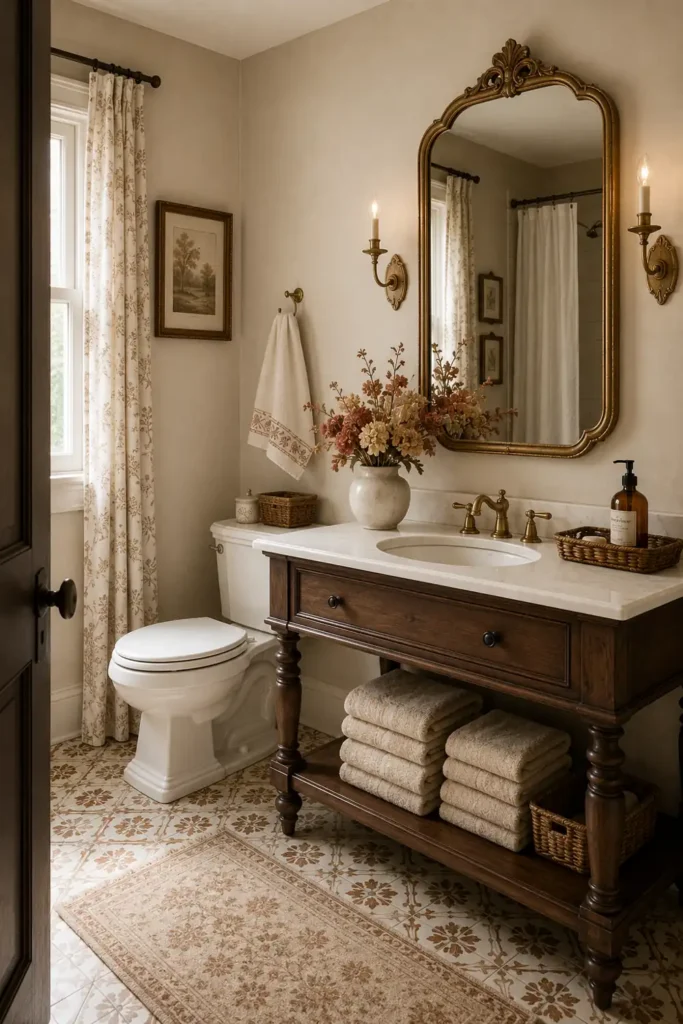 18 Cozy Fall Bathroom Decor Ideas for a Warm Seasonal Refresh 8 Elegant fall bathroom with a gold-framed mirror, brass faucet, rust-and-cream florals, beige towels, and a vintage wood vanity.
