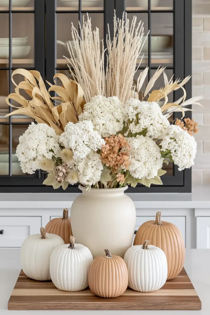 6 Cozy Fall Kitchen Decorating Ideas for a Warm Seasonal Look 4 Cream urn filled with white flowers and dried autumn stems, surrounded by white and muted orange pumpkins.