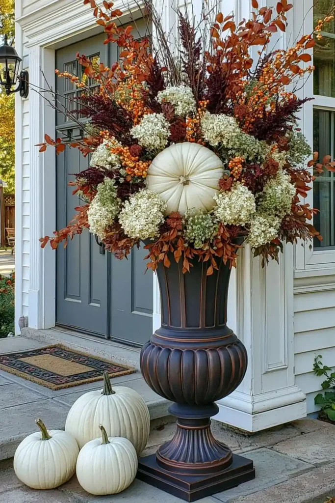 Rustic Fall Planters for the Front Porch That Bring Warm Autumn Charm 12 Elegant rustic fall planter with pale dried flowers, dark red foliage, branches, and white pumpkins near a front door.