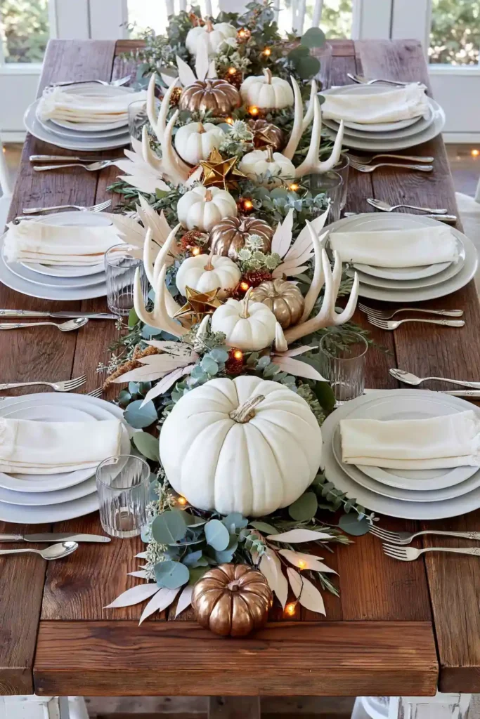 31 Fall Table Decor Ideas for Entertaining in a Warm, Seasonal Style 21 Overhead neutral and gold fall table with white pumpkins, metallic accents, eucalyptus, antlers, layered plates, and warm lights.