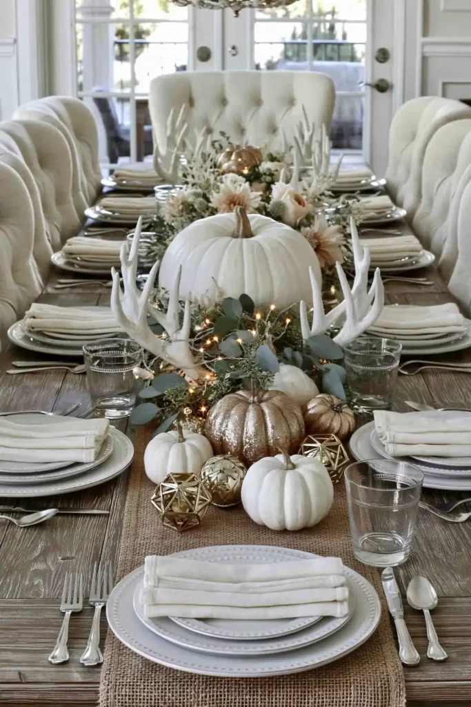 31 Fall Table Decor Ideas for Entertaining in a Warm, Seasonal Style 5 Elegant fall table with white and gold pumpkins, eucalyptus, pale flowers, antler accents, and warm twinkle lights.