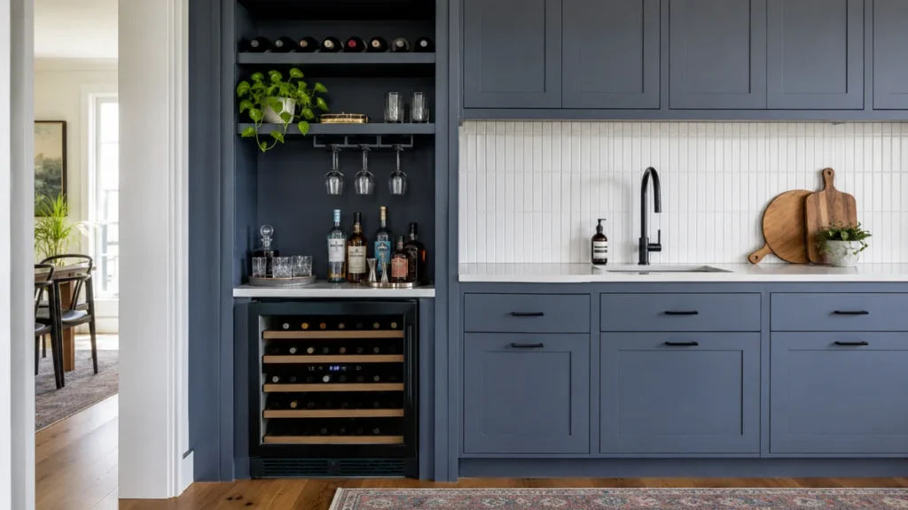 14 Open Kitchen Shelving Ideas for Practical, Stylish Storage 16 Open Kitchen Shelving Ideas
Blue-gray kitchen beverage niche with open shelves, hanging stemware, bottles, plants, and a glass-front refrigerator.