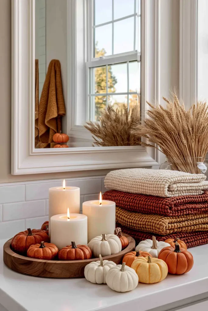 18 Cozy Fall Bathroom Decor Ideas for a Warm Seasonal Refresh 5 Fall bathroom counter with textured cream, rust, and mustard towels, mini pumpkins, pillar candles, and dried wheat in a clear vase.