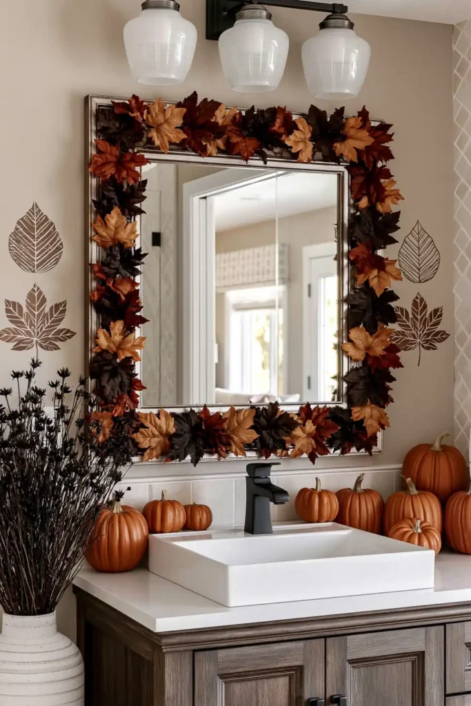 18 Cozy Fall Bathroom Decor Ideas for a Warm Seasonal Refresh 7 Fall bathroom mirror decorated with an orange and rust leaf garland, wall decals, pumpkins, and dark dried branches.