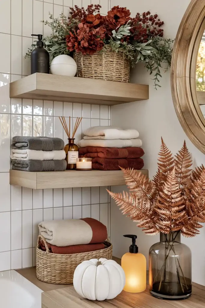 18 Cozy Fall Bathroom Decor Ideas for a Warm Seasonal Refresh 2 Fall bathroom open shelves with warm folded towels, an amber diffuser, a white pumpkin, woven baskets, and copper-colored foliage.
