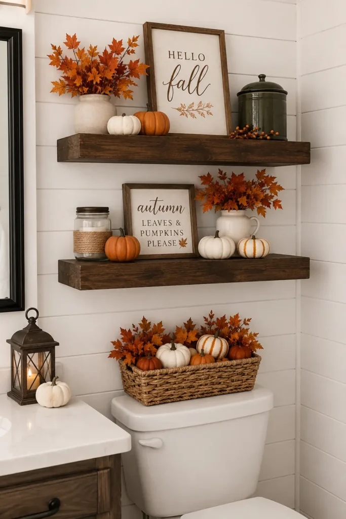 18 Cozy Fall Bathroom Decor Ideas for a Warm Seasonal Refresh 11 Fall bathroom shelves with framed signs, orange leaves, striped and solid mini pumpkins, jars, and a woven basket above the toilet.