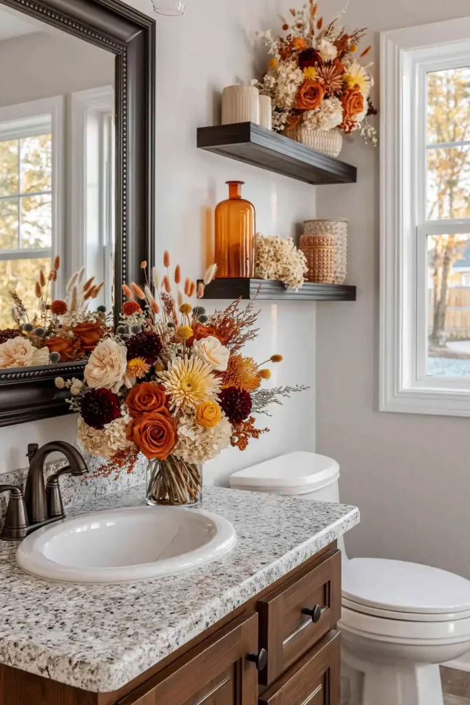 18 Cozy Fall Bathroom Decor Ideas for a Warm Seasonal Refresh 15 Fall floral bathroom with rich orange, rust, burgundy, cream, and yellow arrangements on the vanity and wall shelves.