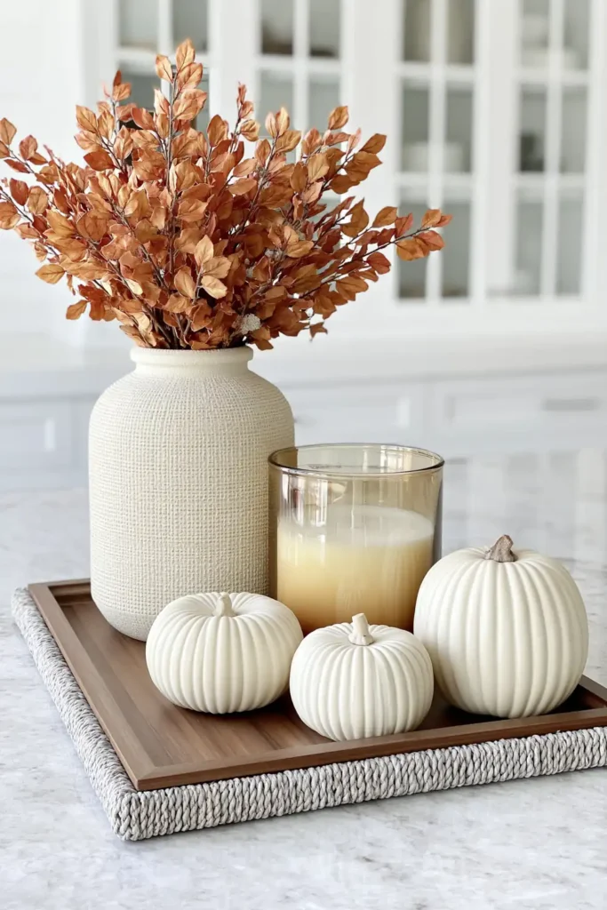 6 Cozy Fall Kitchen Decorating Ideas for a Warm Seasonal Look 7 Amber candle jar beside a textured cream vase, rust-orange leaves, and three white pumpkins on a woven tray.