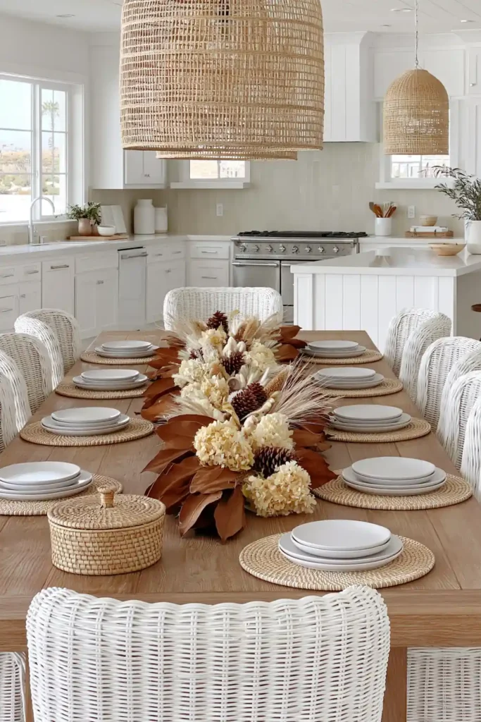 6 Cozy Fall Kitchen Decorating Ideas for a Warm Seasonal Look 3 Fall kitchen table with white plates, woven placemats, dried leaves, pale flowers, and pinecones.