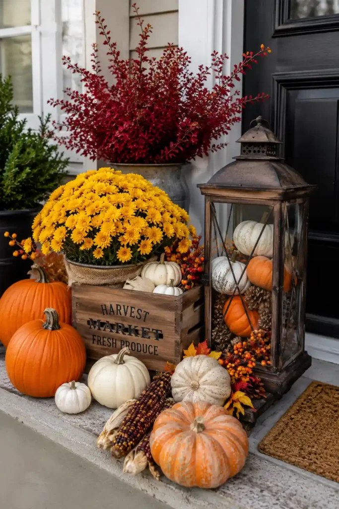 Rustic Fall Planters for the Front Porch That Bring Warm Autumn Charm 19 Fall lantern planter display with small pumpkins, wooden crate, red foliage, yellow flowers, and warm porch accents.