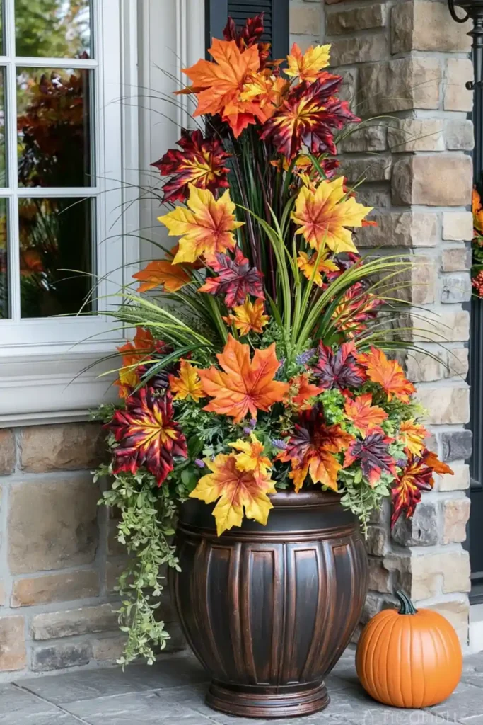 Rustic Fall Planters for the Front Porch That Bring Warm Autumn Charm 13 Fall leaf planter with orange, red, and yellow leaves in a clay-colored container beside a stone wall.