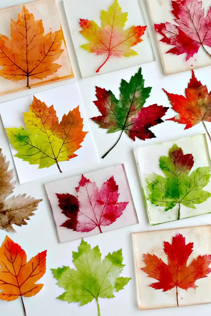 Colorful DIY fall leaf print wall art scattered on a white background in watercolor autumn tones.