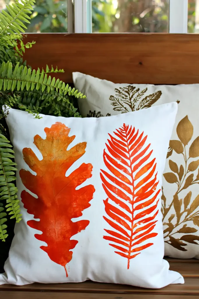 Fall leaf printed pillows on a cozy seating area with warm wood and greenery in the background.