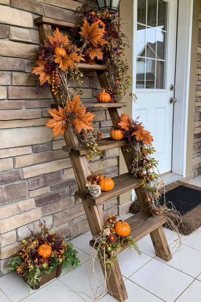 Rustic Fall Planters for the Front Porch That Bring Warm Autumn Charm 30 Rustic fall planter ladder with orange leaves, small pumpkins, fall accents, and a small matching porch planter.