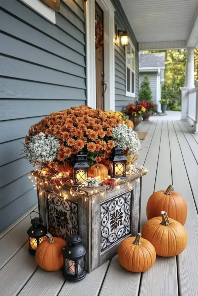 Rustic Fall Planters for the Front Porch That Bring Warm Autumn Charm 24 Fall porch planters with orange mums, pumpkins, fairy lights, and small lanterns near a front door.