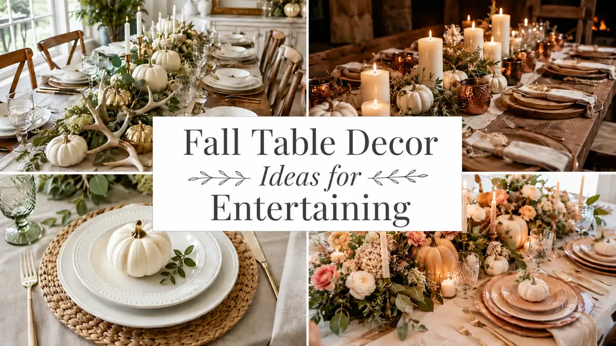 31 Fall Table Decor Ideas for Entertaining in a Warm, Seasonal Style 1 Four-panel collage of fall table decor ideas with white and gold pumpkins, layered place settings, greenery, copper cups, flowers, and candlelight.