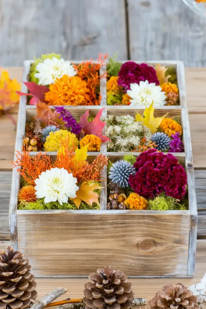 Rustic Thanksgiving table centerpiece in a wooden crate filled with colorful fall foliage and natural accents.