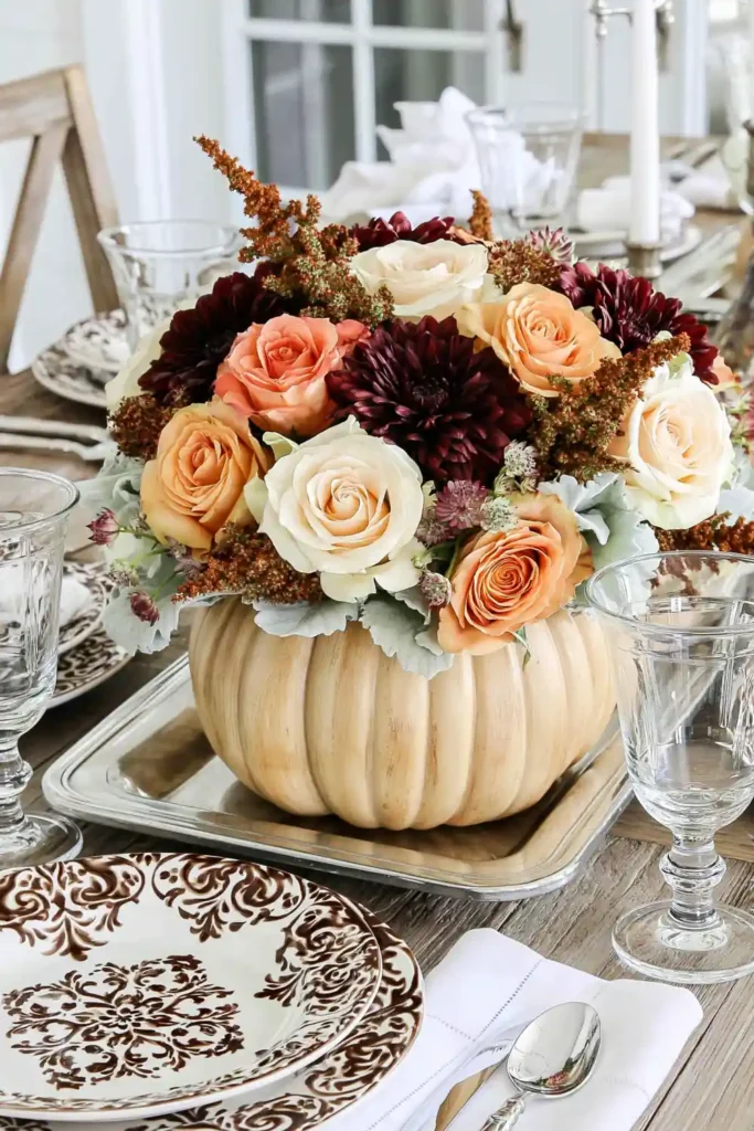 31 Fall Table Decor Ideas for Entertaining in a Warm, Seasonal Style 17 Tan ribbed pumpkin vase filled with peach roses, coral roses, burgundy mums, and textured fall filler on a silver platter.
