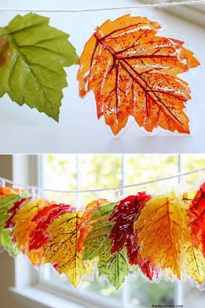 Farmhouse book page garland with triangular pennants and colorful fall leaves attached.