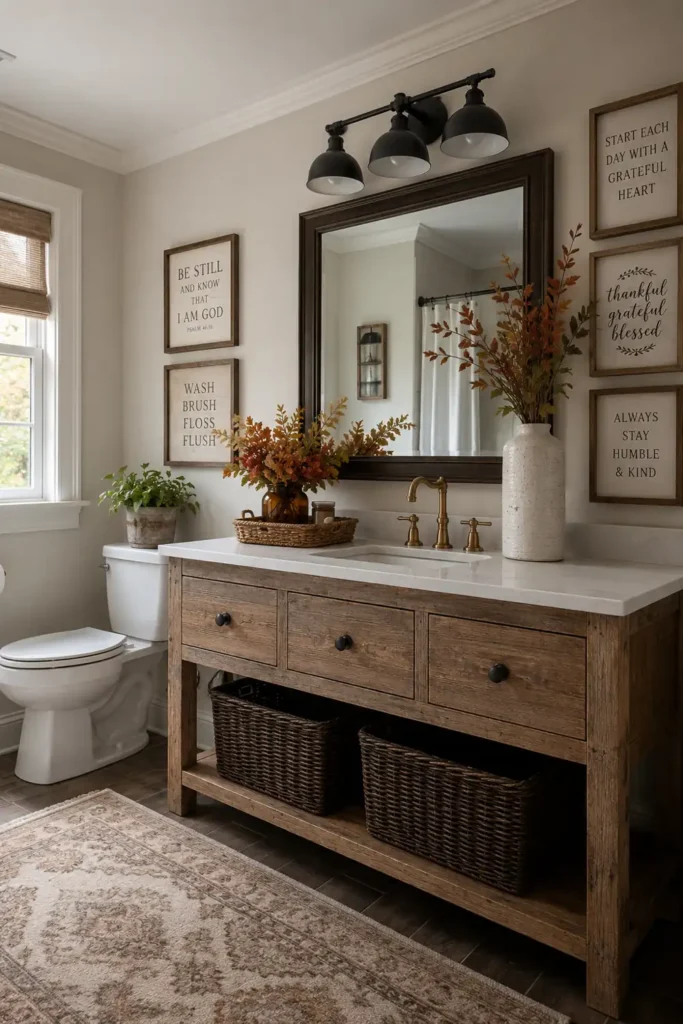 18 Cozy Fall Bathroom Decor Ideas for a Warm Seasonal Refresh 19 Farmhouse fall bathroom with a rustic wood vanity, woven baskets, framed signs, autumn florals, seasonal foliage, and brass fixtures.