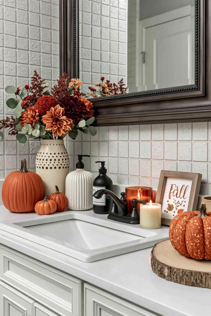 18 Cozy Fall Bathroom Decor Ideas for a Warm Seasonal Refresh 13 Festive fall bathroom counter with orange pumpkins, pump bottles, candles, burgundy florals, and a small framed fall sign.
