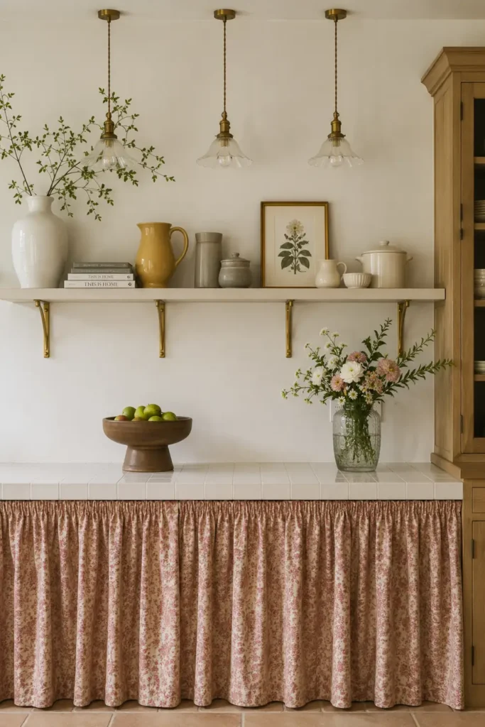 14 Open Kitchen Shelving Ideas for Practical, Stylish Storage 9 Long floating kitchen shelf with slim gold brackets, ceramics, botanical art, fruit, and flowers.