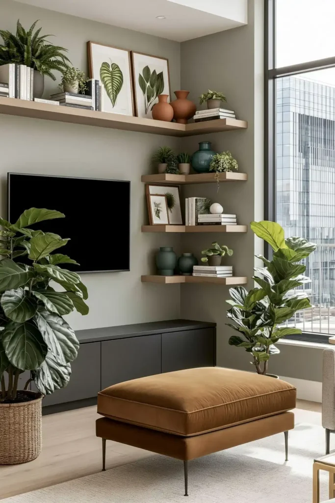 20 Comfortable Living Room Ideas for Small Spaces That Feel Warm and Open 14 Small living room corner with floating wood shelves, a wall-mounted TV, compact storage, plants, and a slim-legged ottoman.