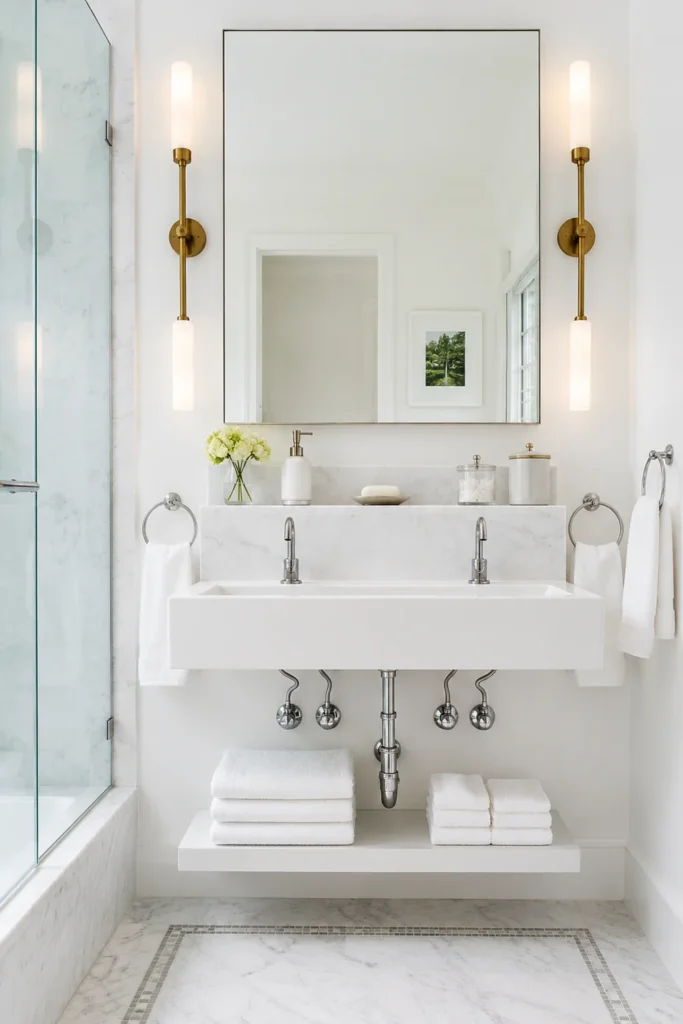 18 Small Bathroom Storage Ideas for a More Organized Space 11 Floating under-sink shelf with neatly folded white towels beneath a wall-mounted bathroom sink.