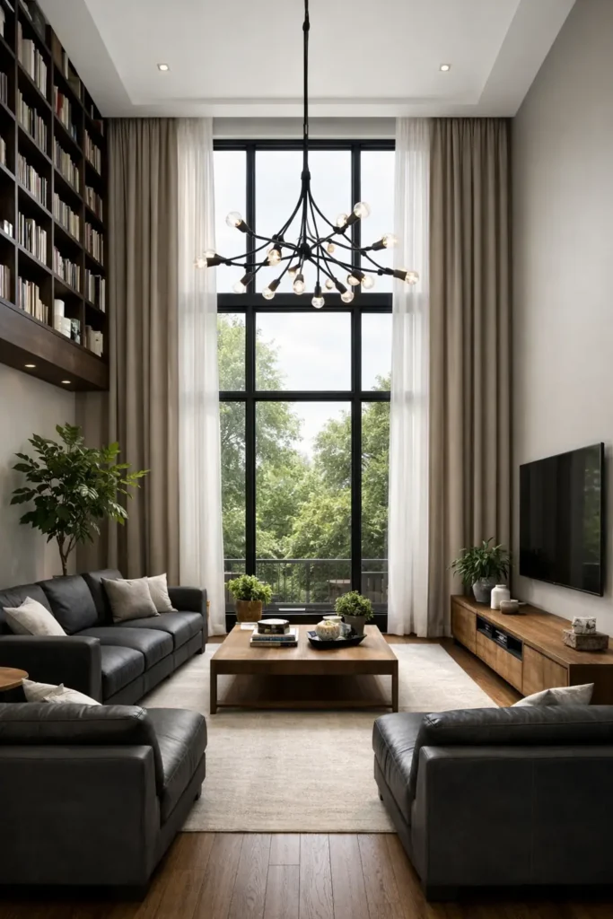 20 Comfortable Living Room Ideas for Small Spaces That Feel Warm and Open 5 Tall small living room with ceiling-height curtains, wall-mounted bookshelves, a large window, dark seating, and vertical decor.