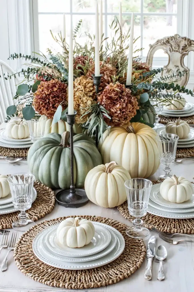 31 Fall Table Decor Ideas for Entertaining in a Warm, Seasonal Style 11 Whitewashed farmhouse table with sage and cream pumpkins, dried hydrangeas, eucalyptus, woven placemats, and taper candles.