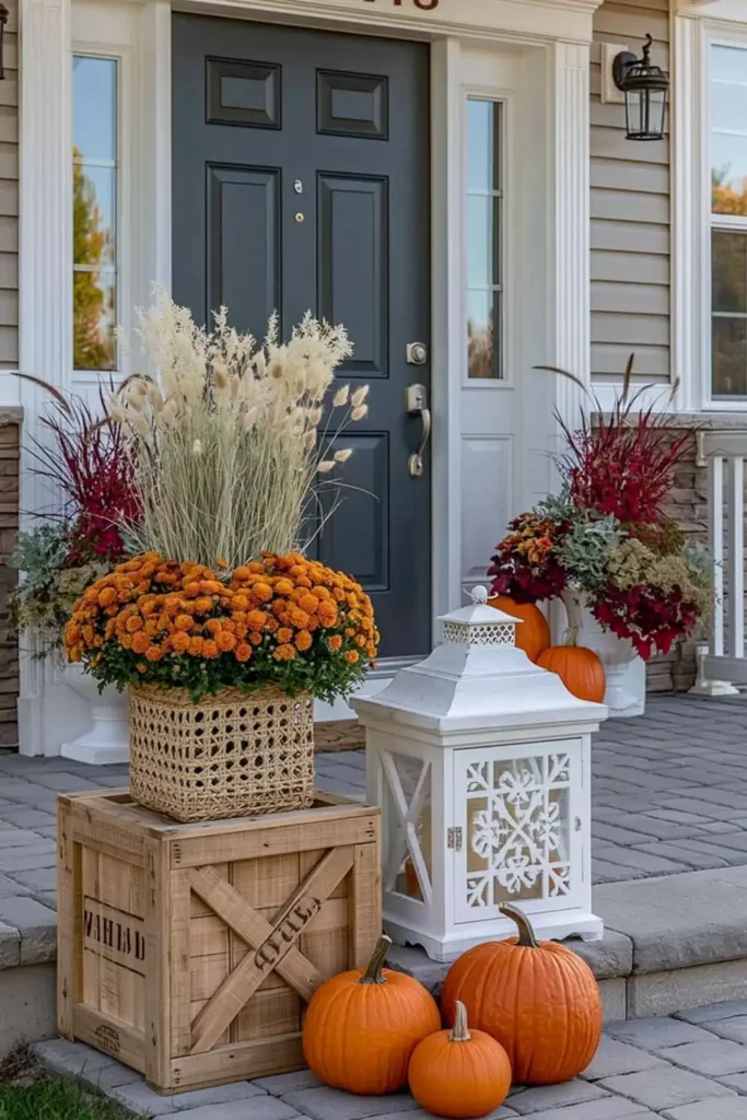 Rustic Fall Planters for the Front Porch That Bring Warm Autumn Charm 17 Front door fall planter with a woven basket, wooden crate, orange mums, pale grasses, white lantern, and pumpkins.