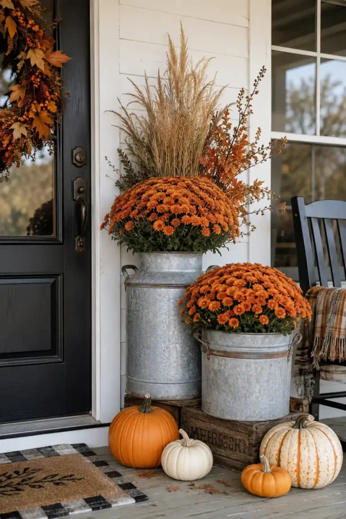 Rustic Fall Planters for the Front Porch That Bring Warm Autumn Charm 33 Galvanized metal milk jug and bucket fall planters with mums, grasses, fall stems, and pumpkins near a front door.