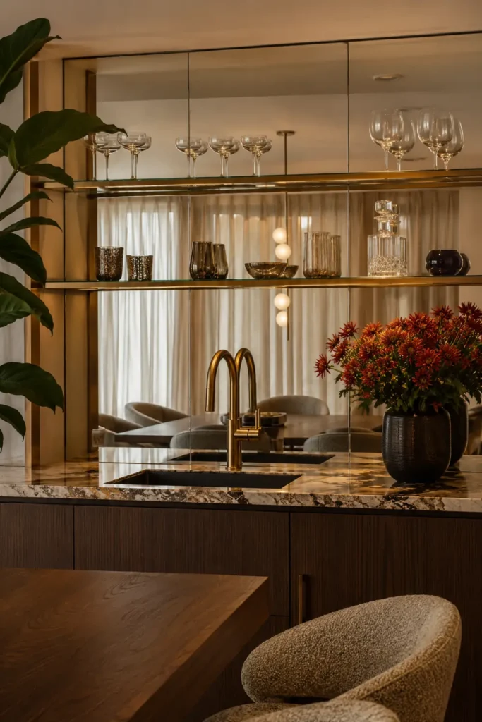 14 Open Kitchen Shelving Ideas for Practical, Stylish Storage 2 Golden glass open shelves on a mirrored kitchen wall above a dark sink and brass faucet, with red-orange flowers and leafy greenery.
