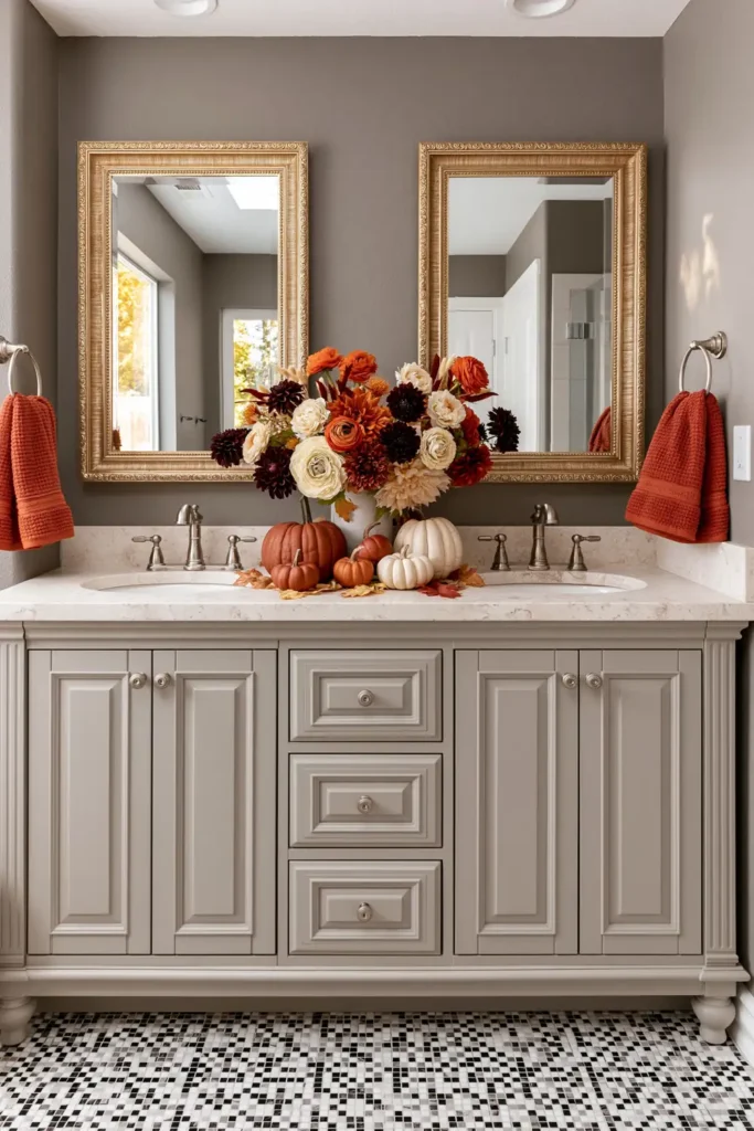 18 Cozy Fall Bathroom Decor Ideas for a Warm Seasonal Refresh 10 Gray and orange fall bathroom with a double vanity, gold-framed mirrors, orange towels, pumpkins, and a large autumn floral centerpiece.