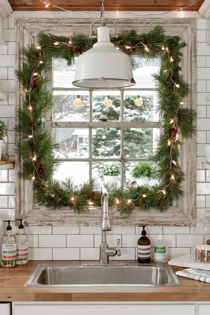 DIY Natural Winter Holiday Decorations for a Warm and Simple Home 2 Kitchen window framed with pine garland and warm lights for natural winter holiday decor