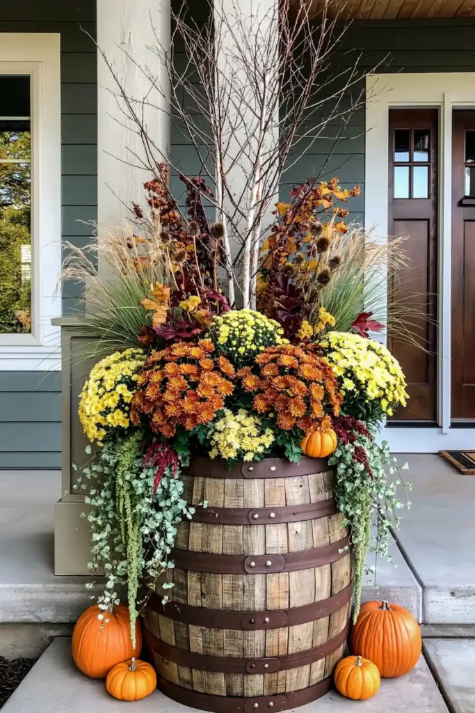 Rustic Fall Planters for the Front Porch That Bring Warm Autumn Charm 36 Half-barrel fall planter filled with mums, tall branches, ornamental grasses, trailing greenery, and pumpkins on a porch.