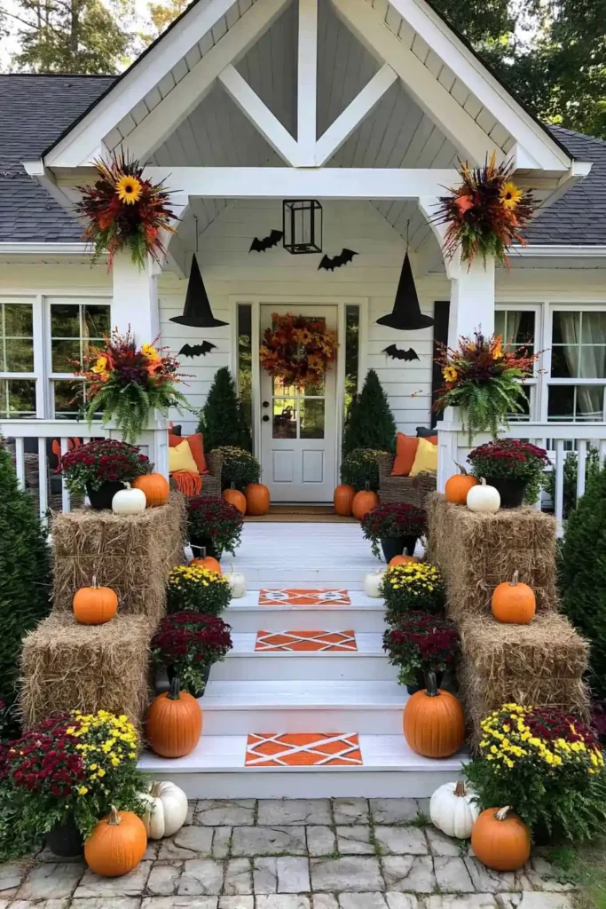 Rustic Fall Planters for the Front Porch That Bring Warm Autumn Charm 23 Halloween fall porch display with pumpkins, mums, hay bales, black witch hats, bats, and orange-and-white seasonal accents.