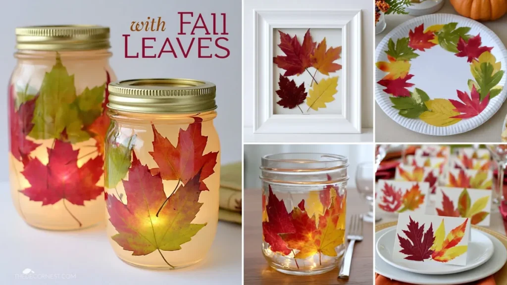 Fall leaf craft decor collage with glowing leaf jars, pressed leaf frame, paper plate wreath, and leaf place card table setting.