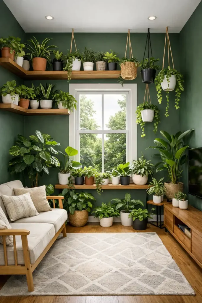 20 Comfortable Living Room Ideas for Small Spaces That Feel Warm and Open 8 Cozy small living room with hanging planters, floating plant shelves, deep green walls, and a beige loveseat.