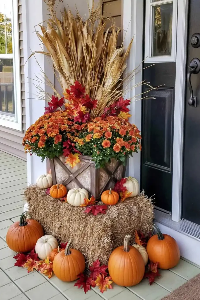 Rustic Fall Planters for the Front Porch That Bring Warm Autumn Charm 35 Front porch fall planter display with a hay bale, orange mums, pumpkins, corn stalks, and autumn leaves.