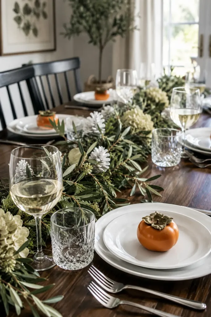 31 Fall Table Decor Ideas for Entertaining in a Warm, Seasonal Style 14 Long herb and olive-leaf table garland with painted pinecones, persimmon-topped plates, and clear glassware.